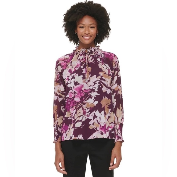 Calvin Klein Women's Printed Chiffon Peasant Blouse L - Picture 1 of 6